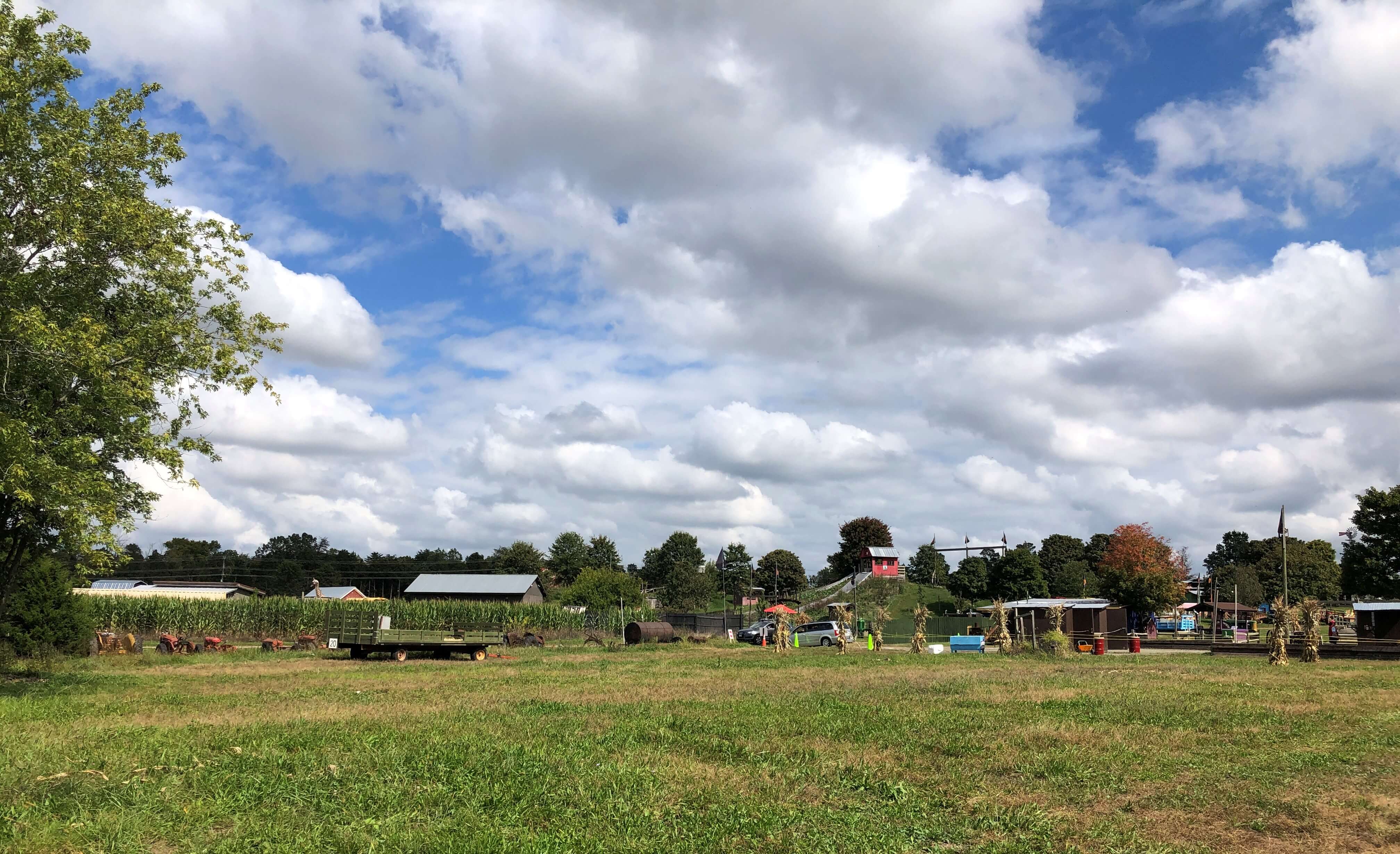 Cox Farms Panoramic View: corn fields, tractors, a hillside with a shed, hay ride vehicles, corn stalks